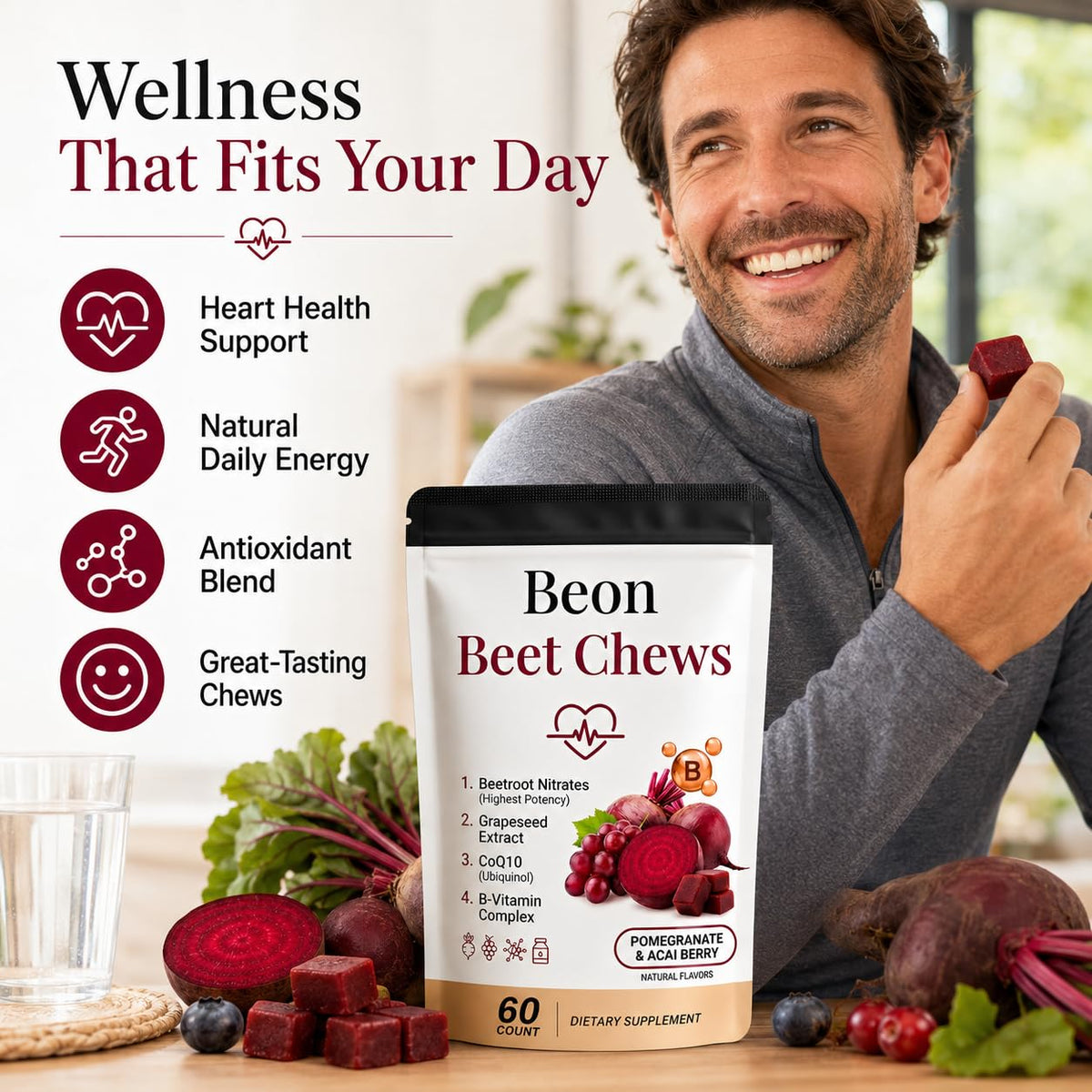 Beetroot Chews Gummies with Grape Seed & L-CoQ10, 60 Chew X6558