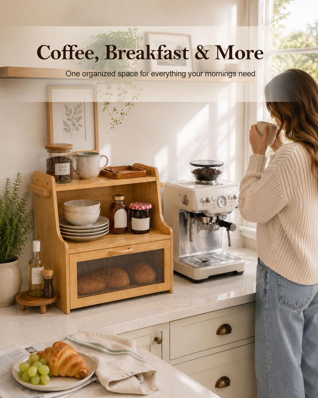 Large Capacity Bread Box with Shelf Organizer S435809