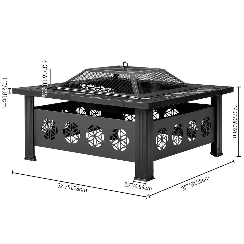 32 Inch Square Wood Burning Fire Pit Table with Spark Screen Lid and Fire Poker Y308