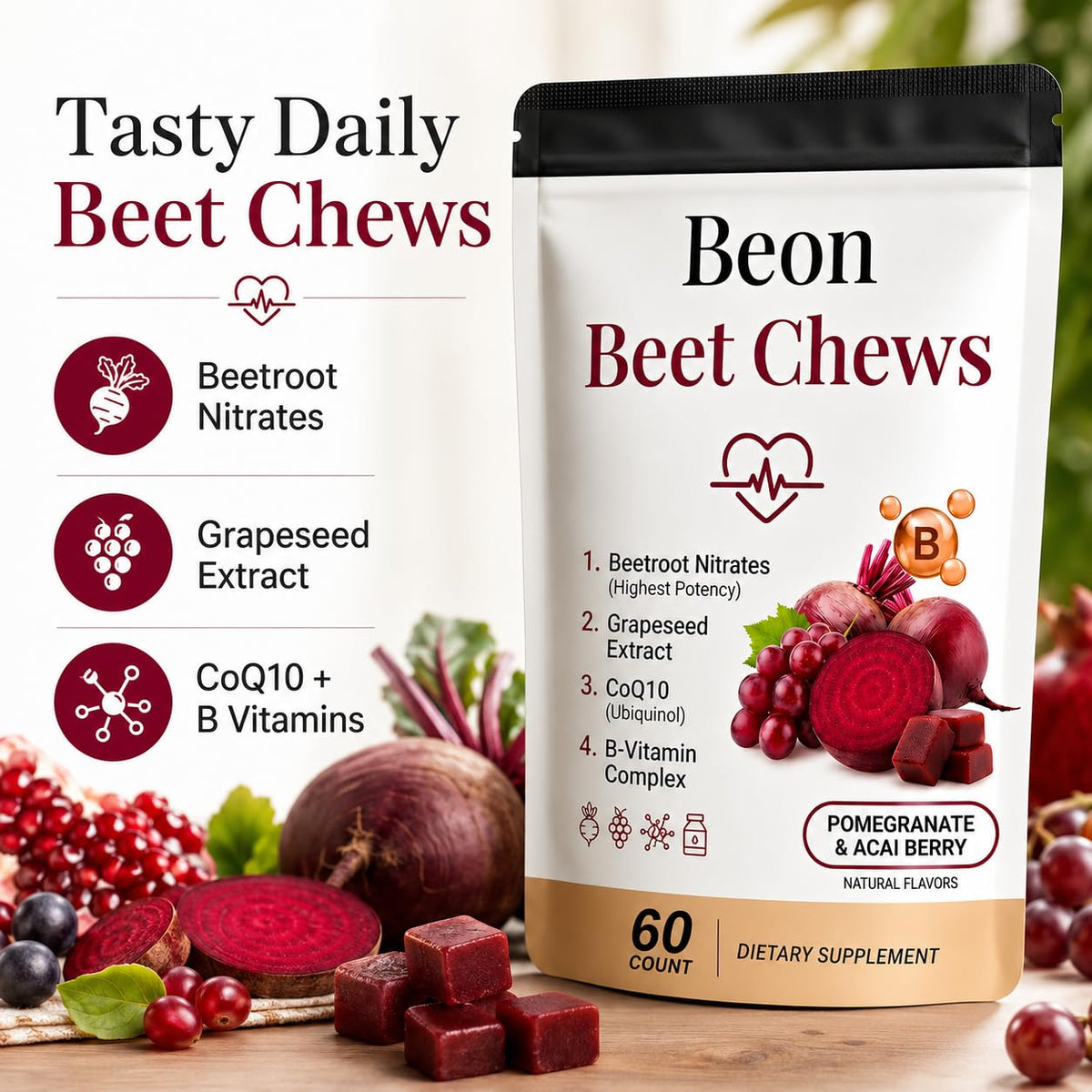 Beetroot Chews Gummies with Grape Seed & L-CoQ10, 60 Chew X6558