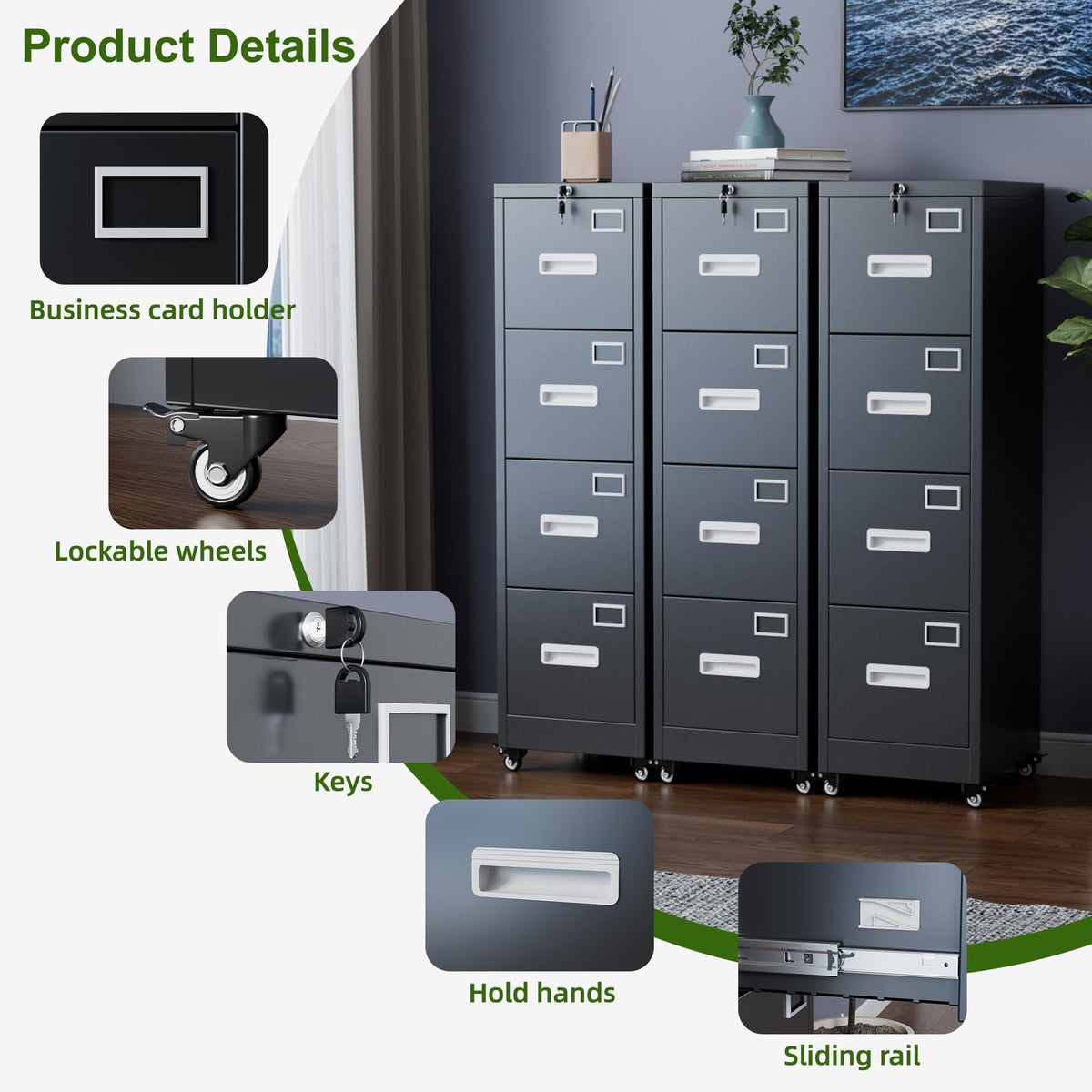 Metal 4 Drawer File Cabinet with Lock and Wheels, Black Z918