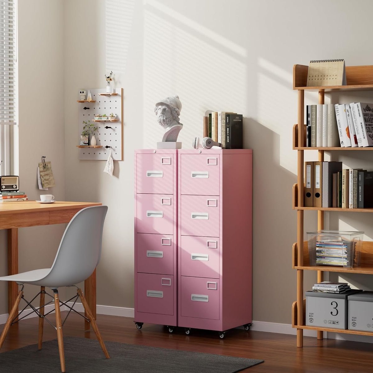 Pink 4-Drawer Metal File Cabinet with Lock and Wheels C16865