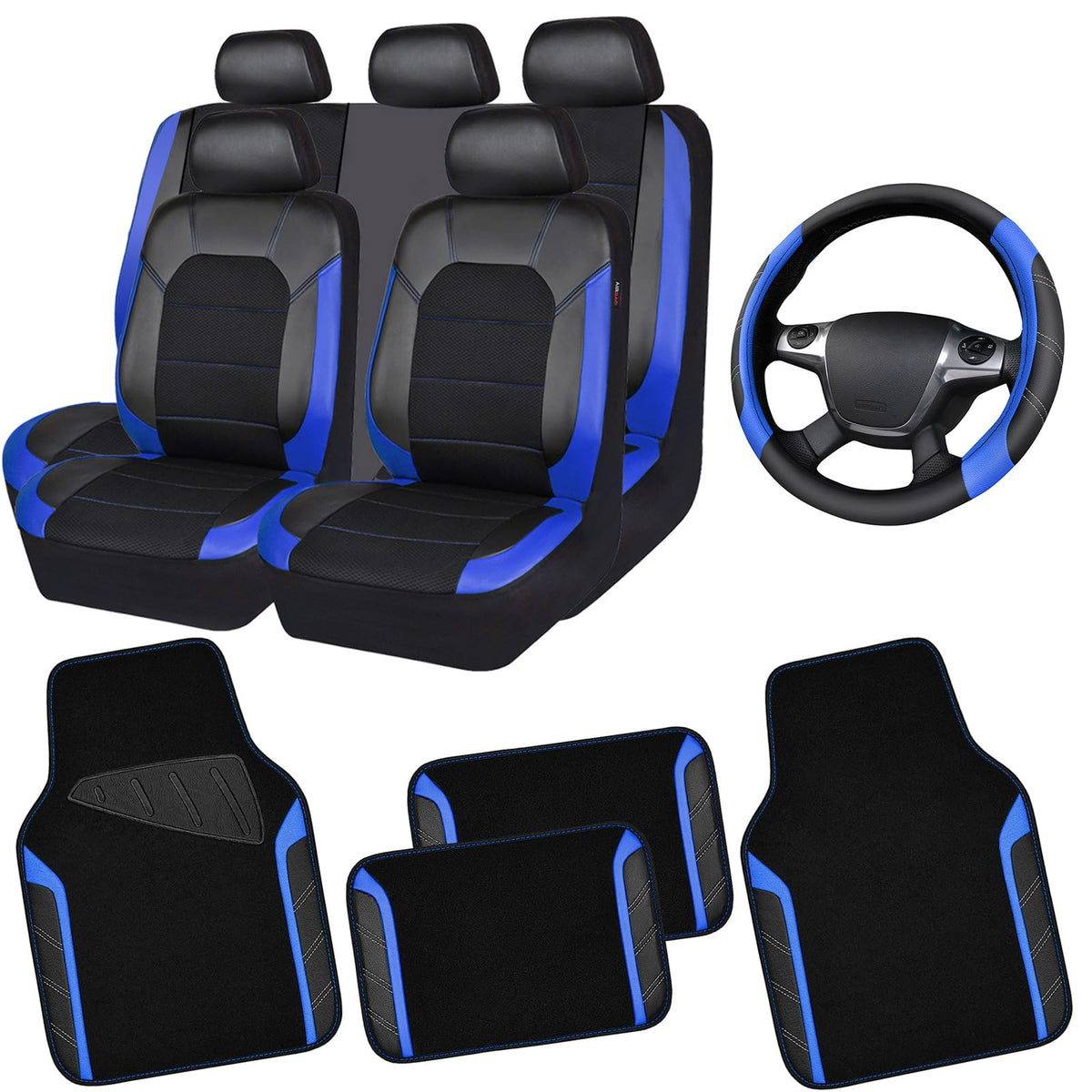 Air Mesh Leather Car Seat Covers Full Set, Waterproof Car Floor Mats, Steering Wheel Cover D1947