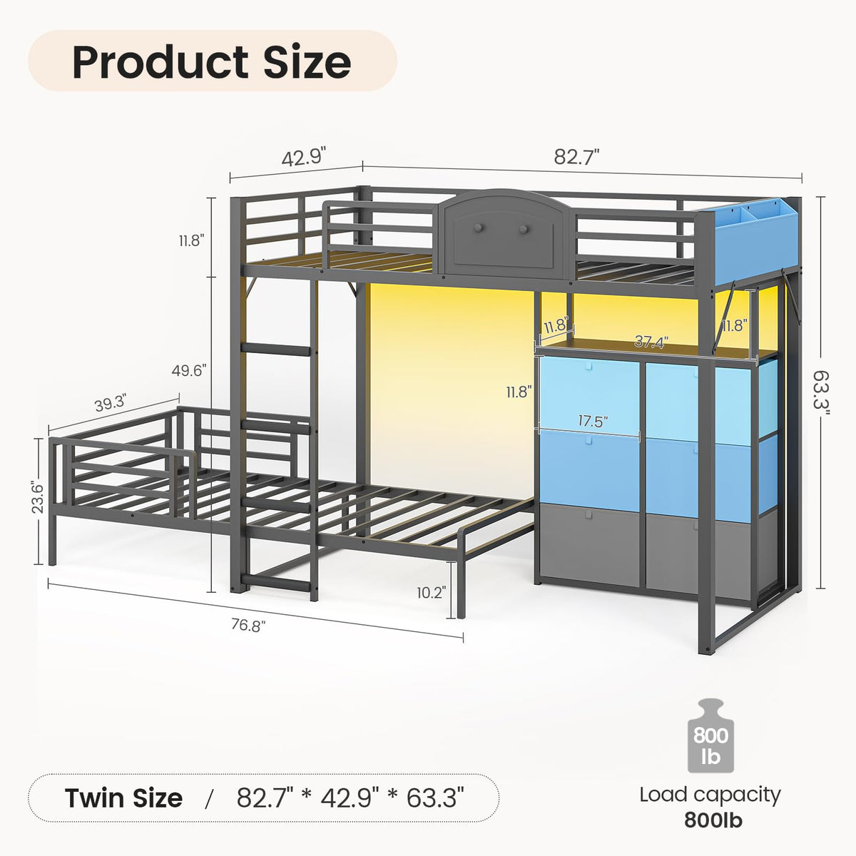 Twin Over Twin Metal Bunk Bed with 6 Storage Drawers I98551