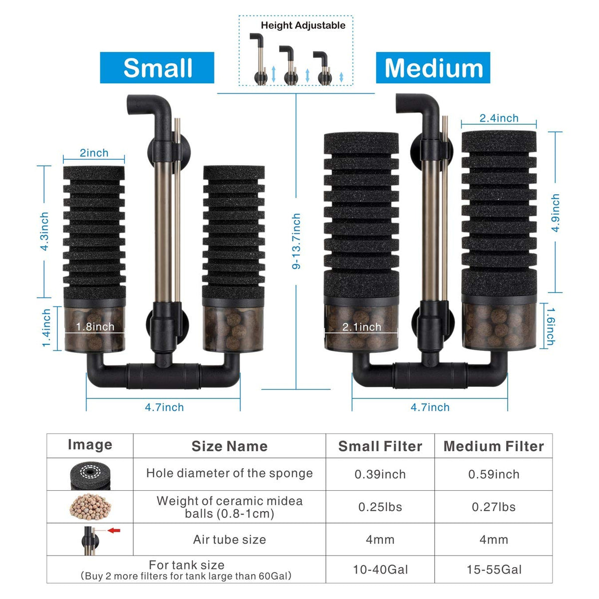Aquarium Double Sponge Filter with Bio Ceramic Media Balls T3301
