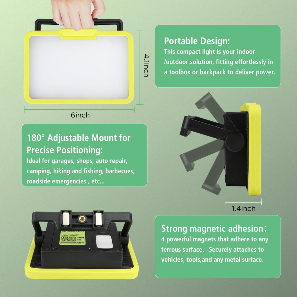 LED Work Light, Rechargeable, 700 LM Magnetic Portable Flood Light with Adjustable Stand, IP54 Waterproof, 3 Lighting Modes with Emergency SOS, 1Pack V62470