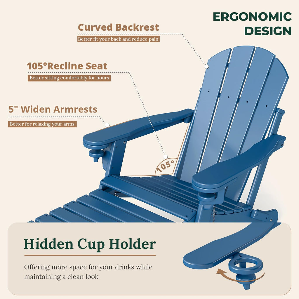 Set of 2 Blue Folding HDPE Plastic Adirondack Chairs with Pull-Out Footrest O192
