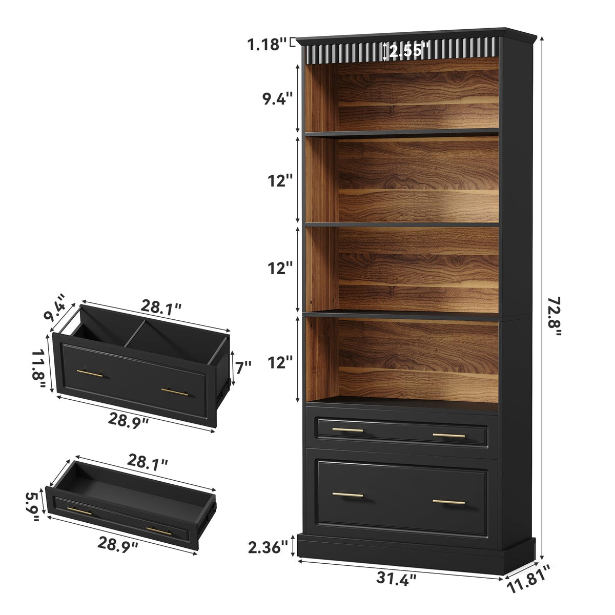 72" Tall Black 5-Tier Bookcase with 2 Drawers T655