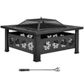 32 Inch Square Wood Burning Fire Pit Table with Spark Screen Lid and Fire Poker Y308