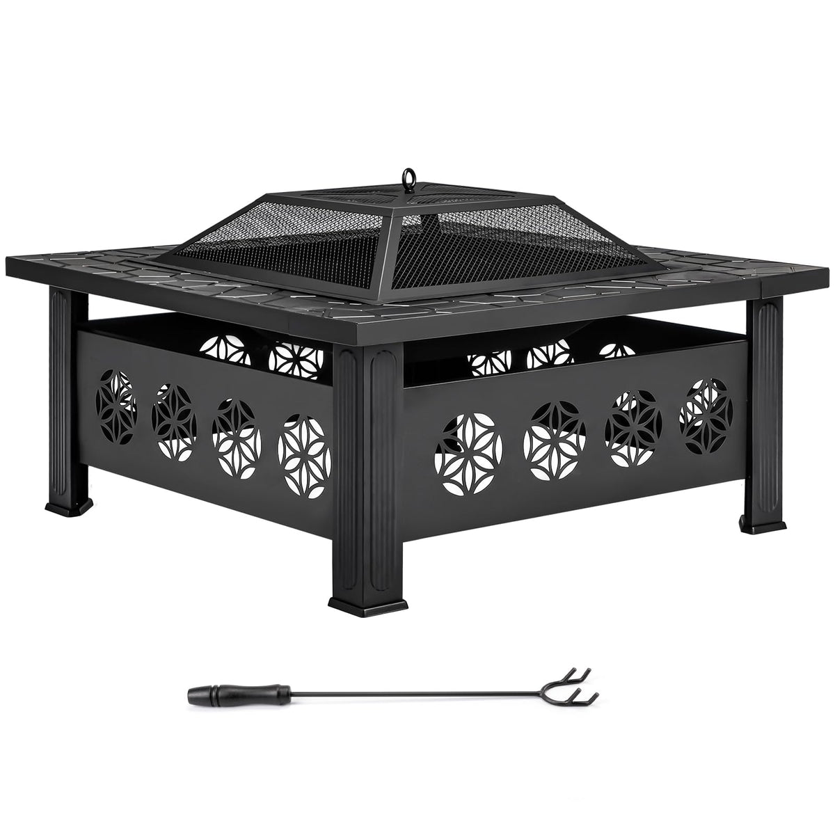 32 Inch Square Wood Burning Fire Pit Table with Spark Screen Lid and Fire Poker Y308