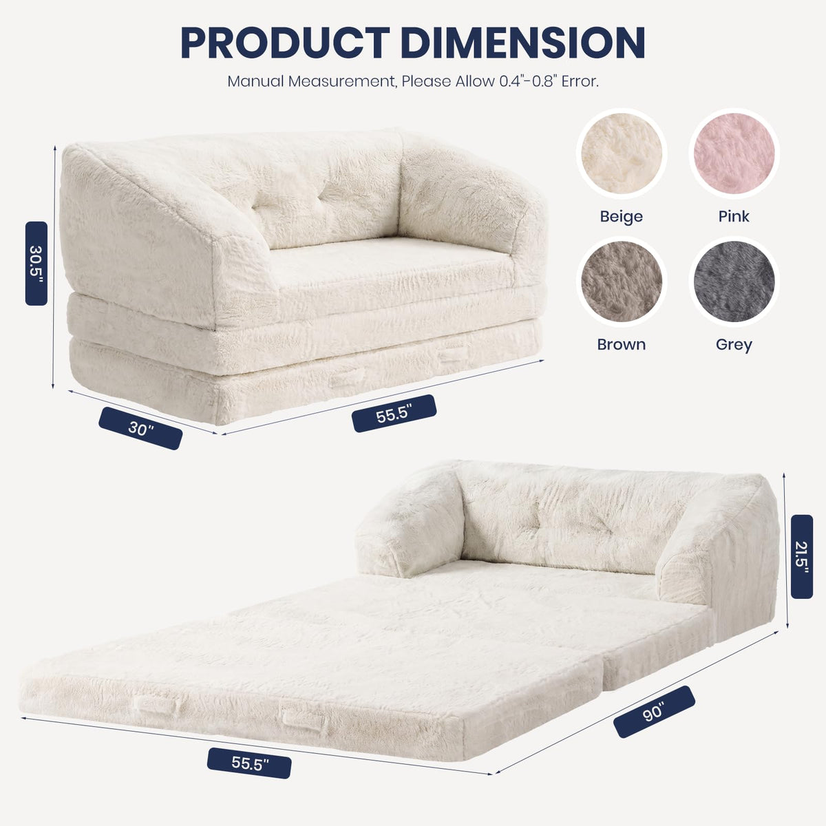 Convertible Folding Sofa Bed, 2 in 1 Portable Floor Couch & Foam Mattress with Handle, Space-Saving Faux Fur Futon Chair for Living Room, Bedroom, Guest Room (Loveseat, Beige) O28407