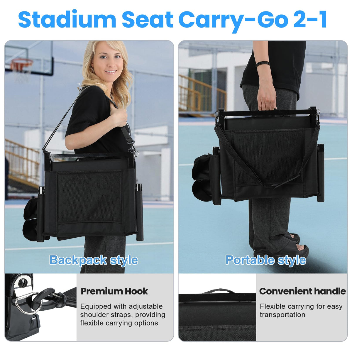 2 Pcs Black Folding Stadium Seats with Back Support and Cup Holder I32363