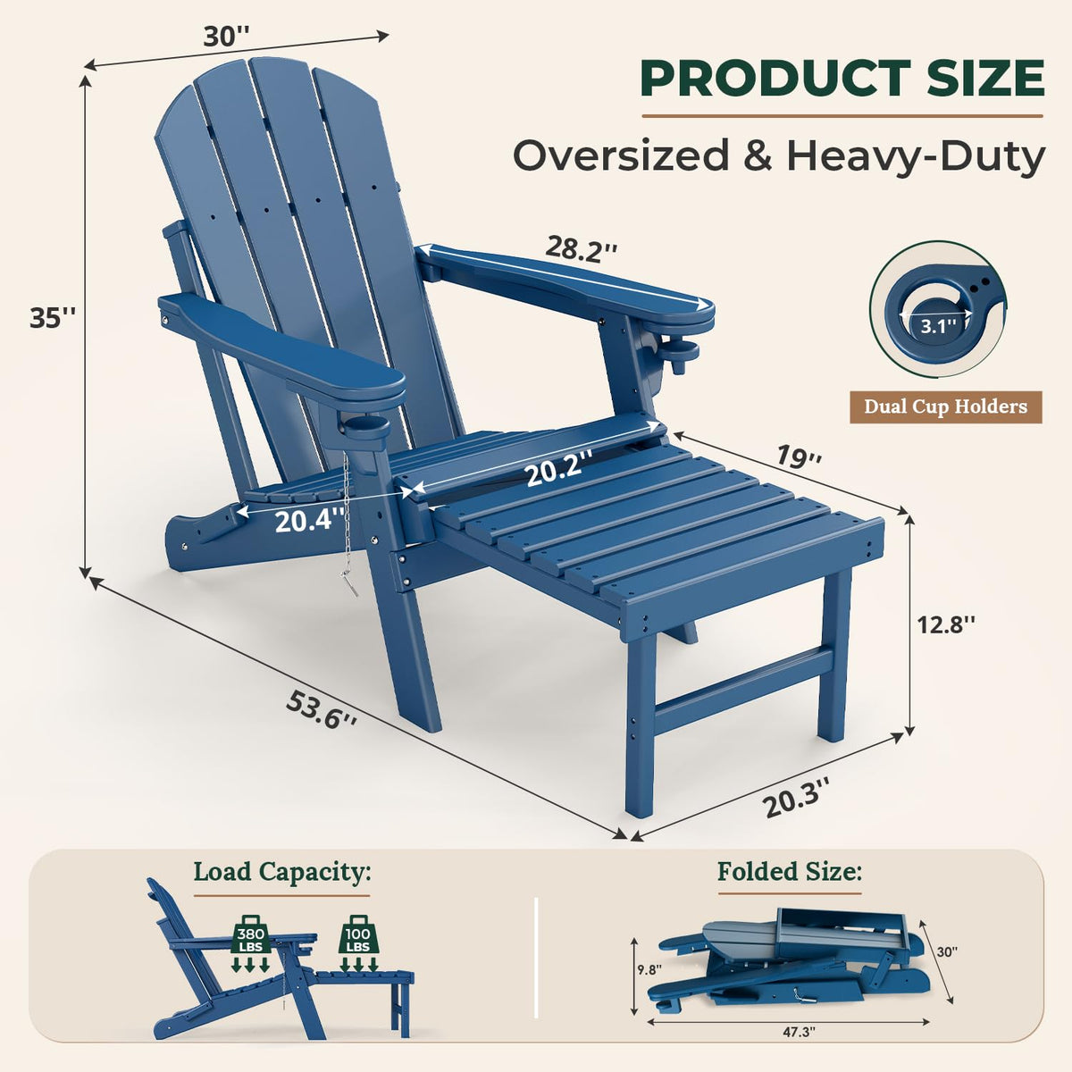 Set of 2 Blue Folding HDPE Plastic Adirondack Chairs with Pull-Out Footrest O192
