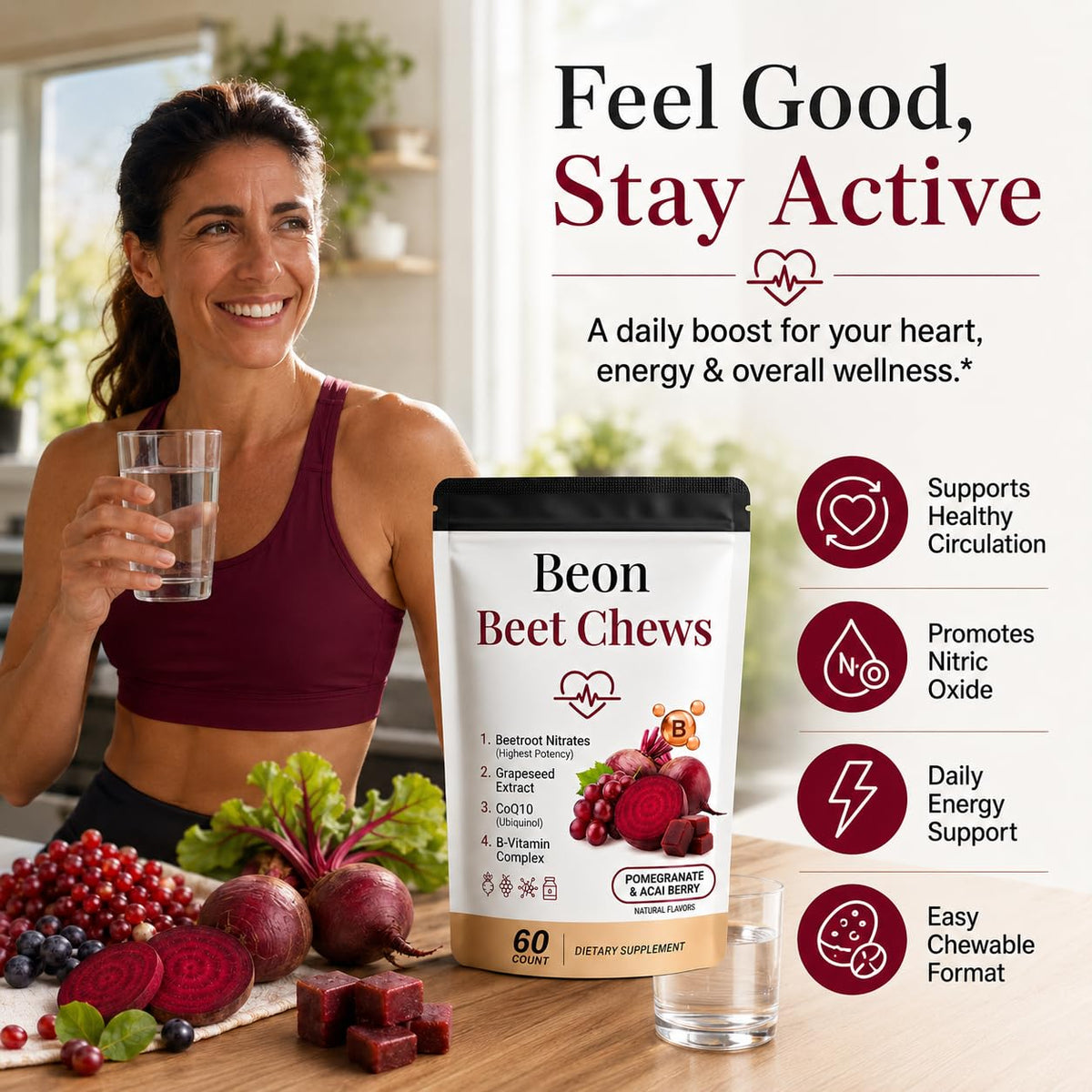 Beetroot Chews Gummies with Grape Seed & L-CoQ10, 60 Chew X6558