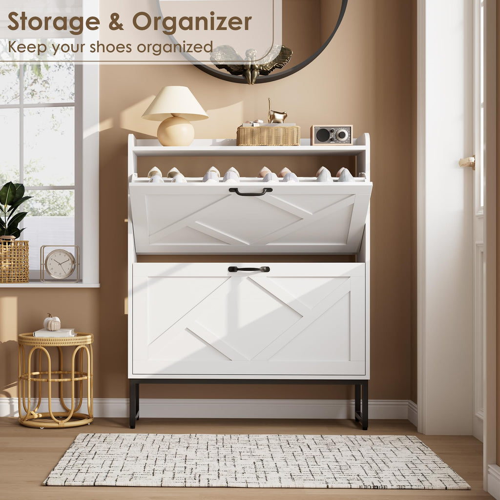 White 2 Flip Drawer Shoe Storage Cabinet Y787119