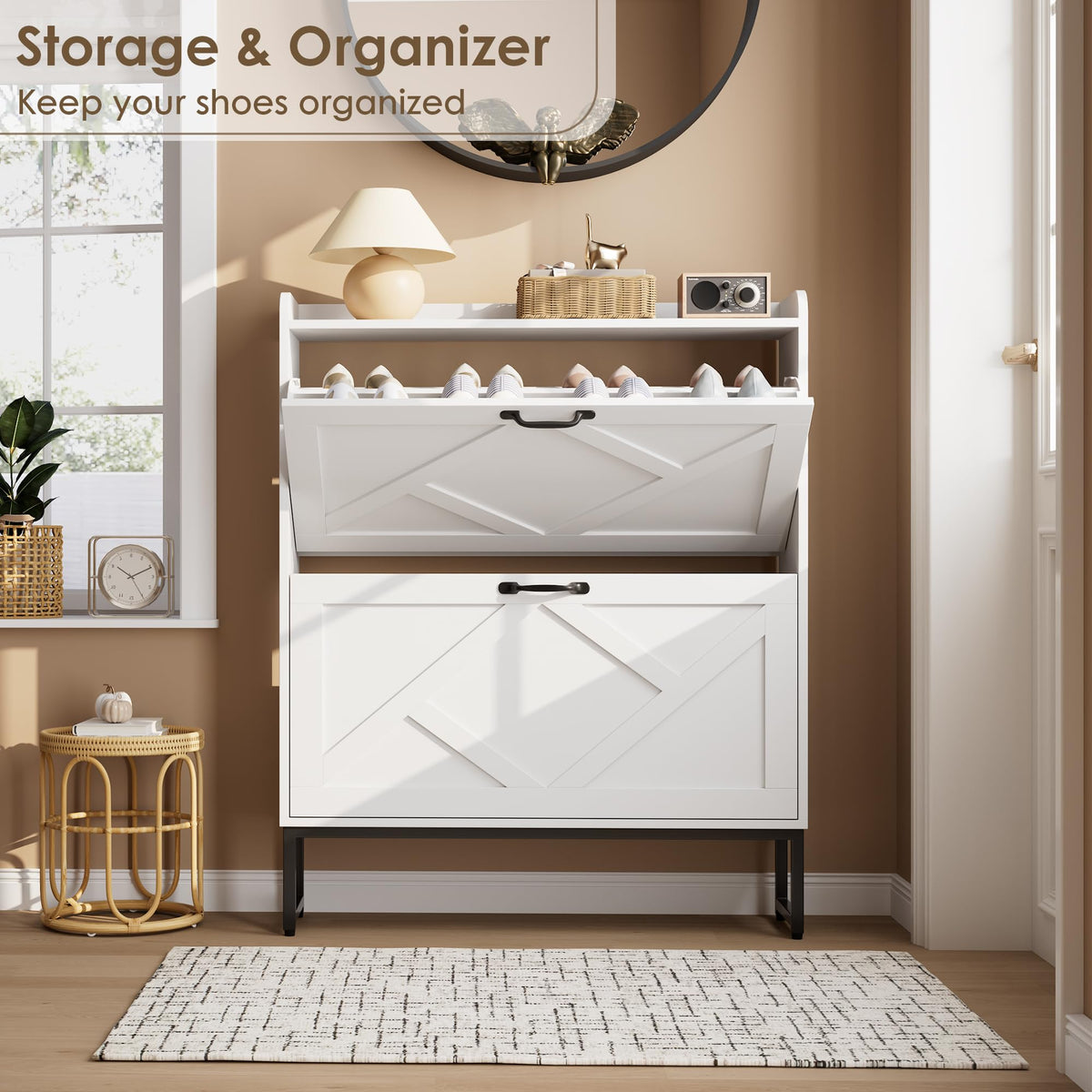 White 2 Flip Drawer Shoe Storage Cabinet Y787119