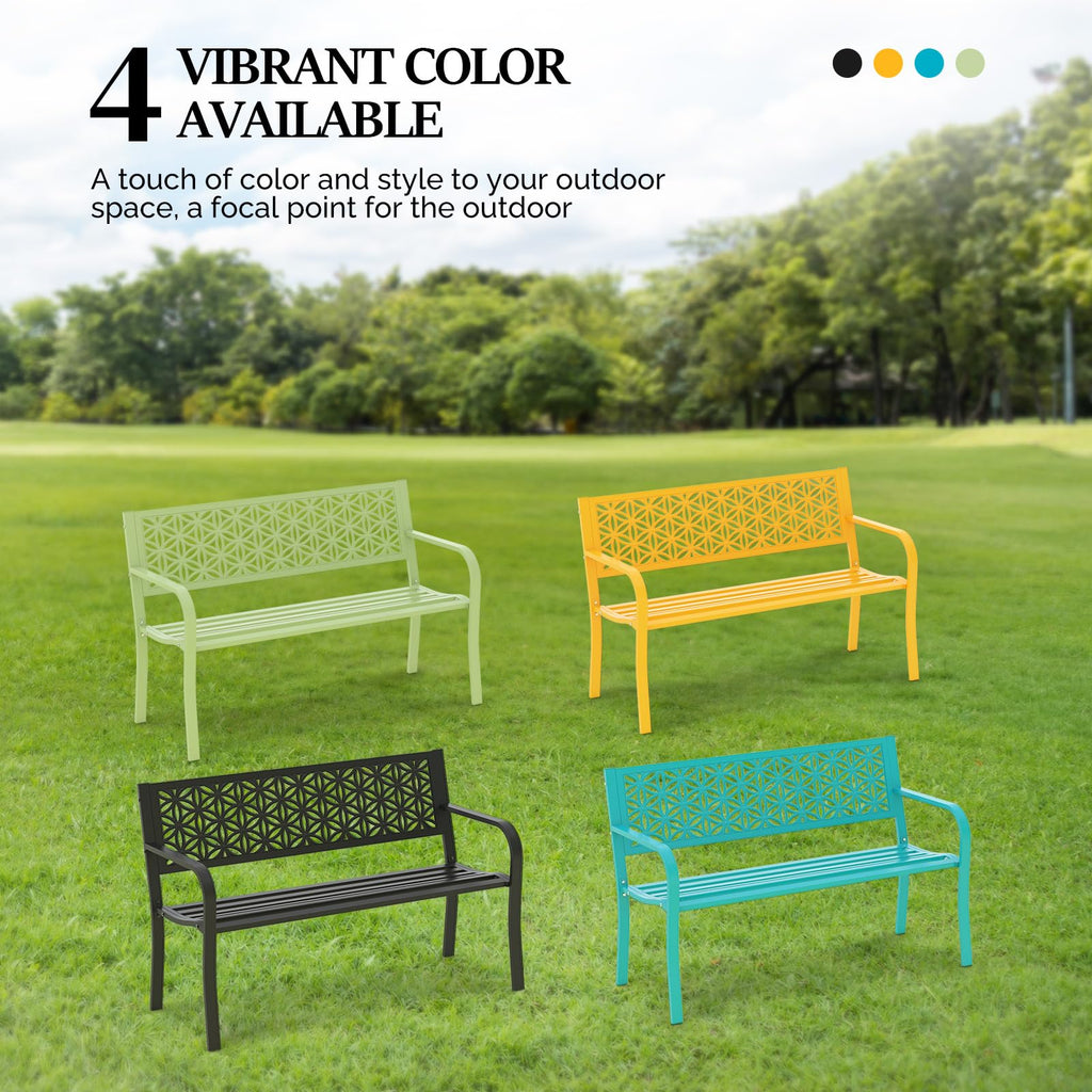 50" Black Metal Outdoor Bench with Floral Back E751862