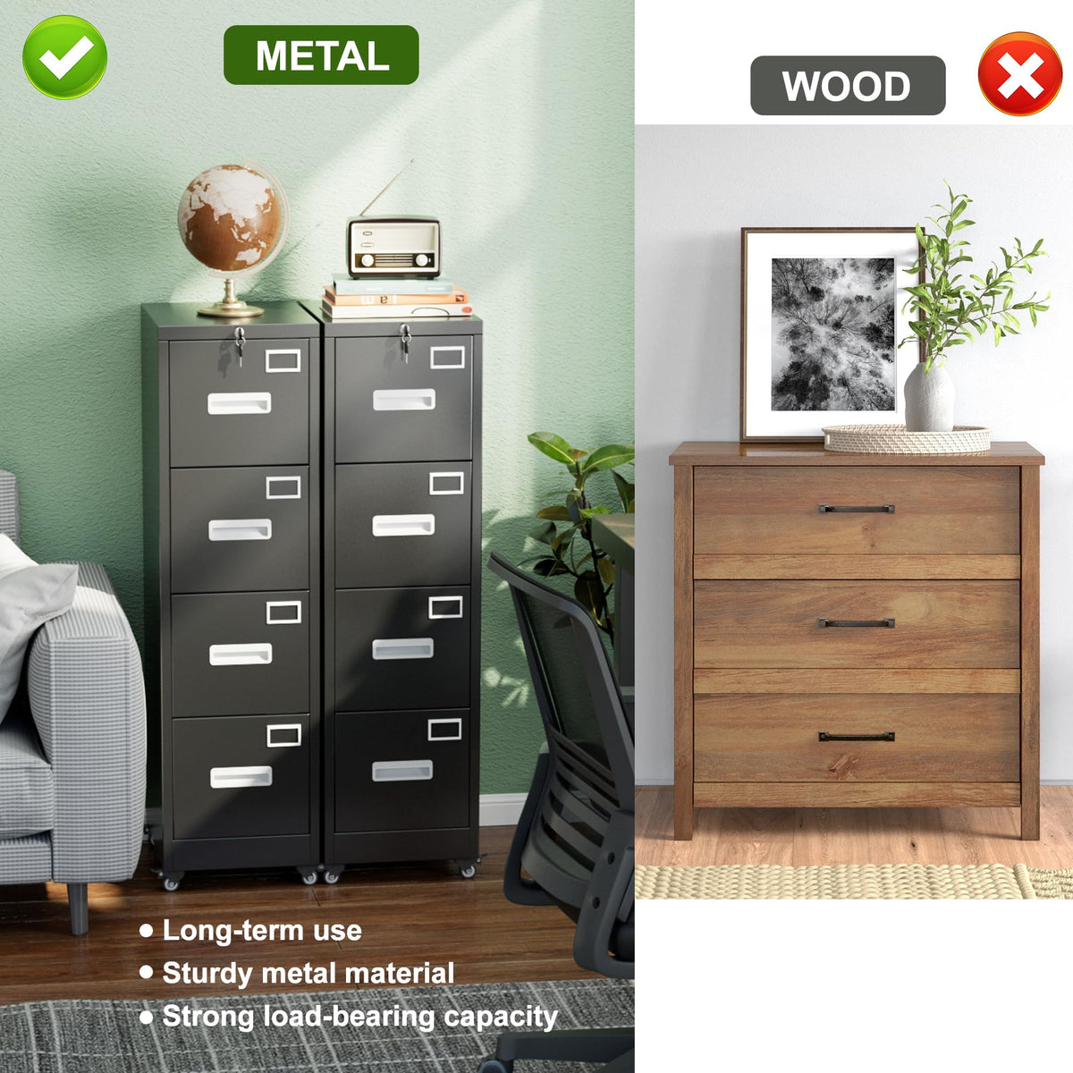 Metal 4 Drawer File Cabinet with Lock and Wheels, Black Z918