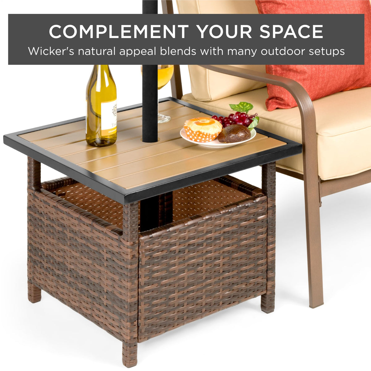 Brown Wicker Square Side Table with Umbrella Hole L876013