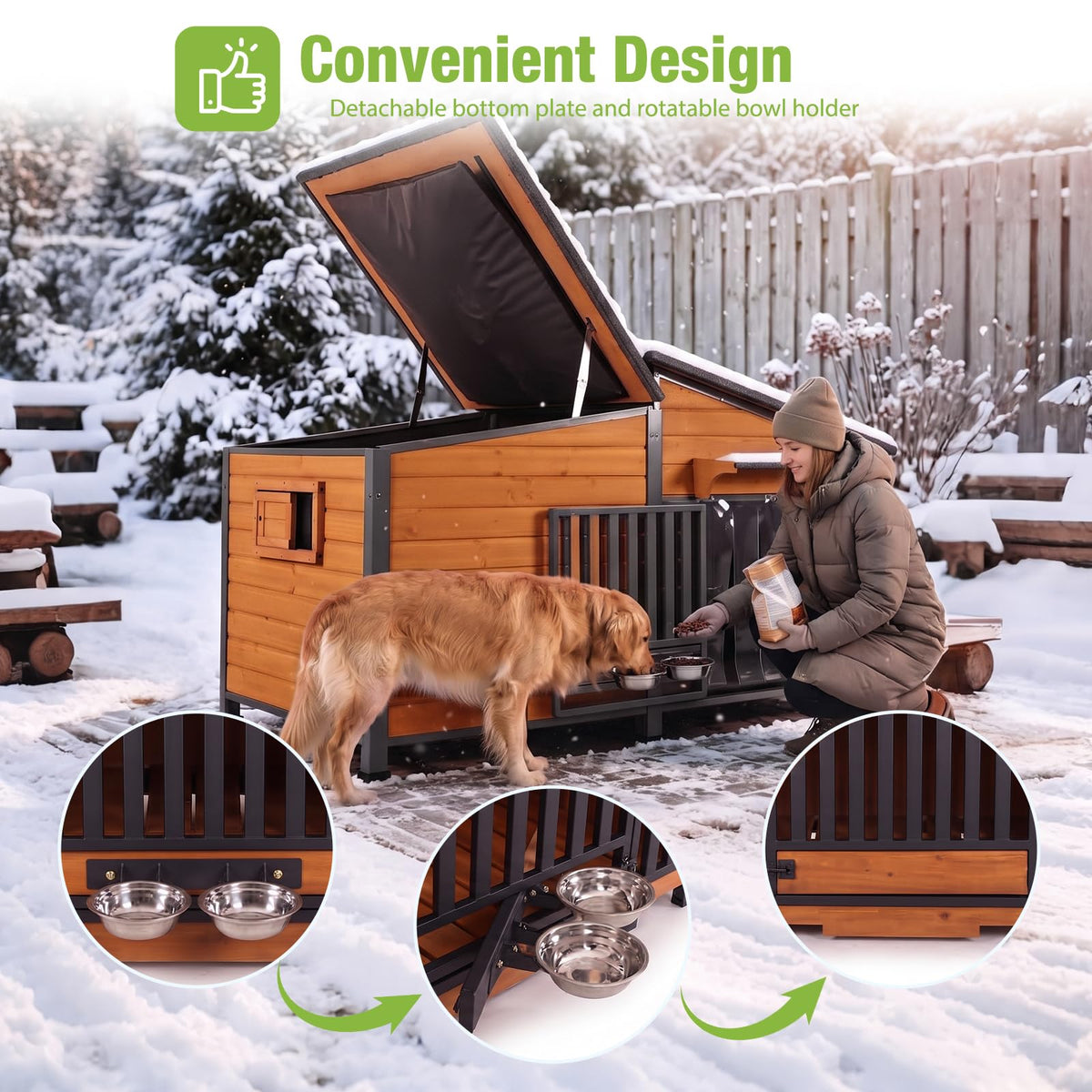60" Heated Dog House with Heated Pad and Rotating Food Bowl O91619