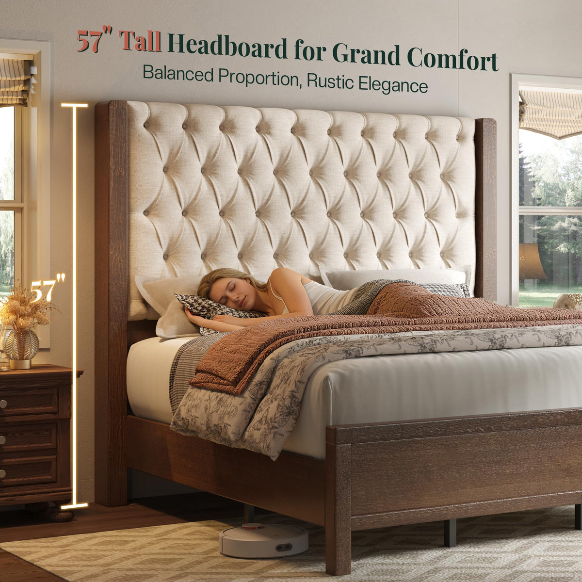Queen Size Solid Wood Bed Frame with Wingback Headboard R880496