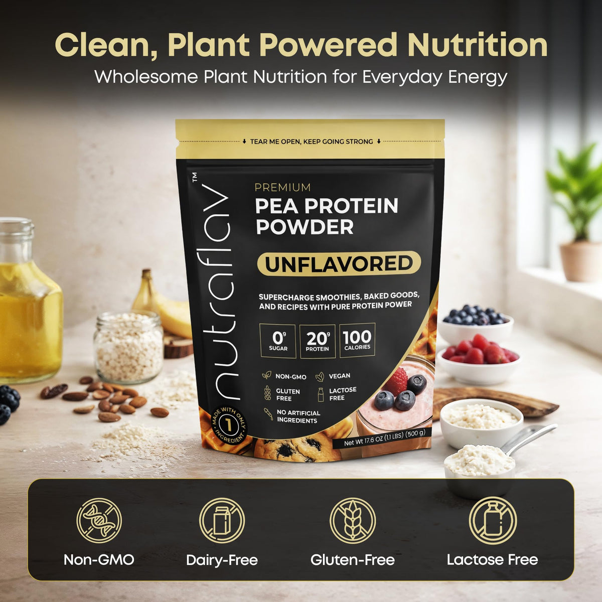 Unflavored Vegan Pea Protein Powder, 20 Servings X3883