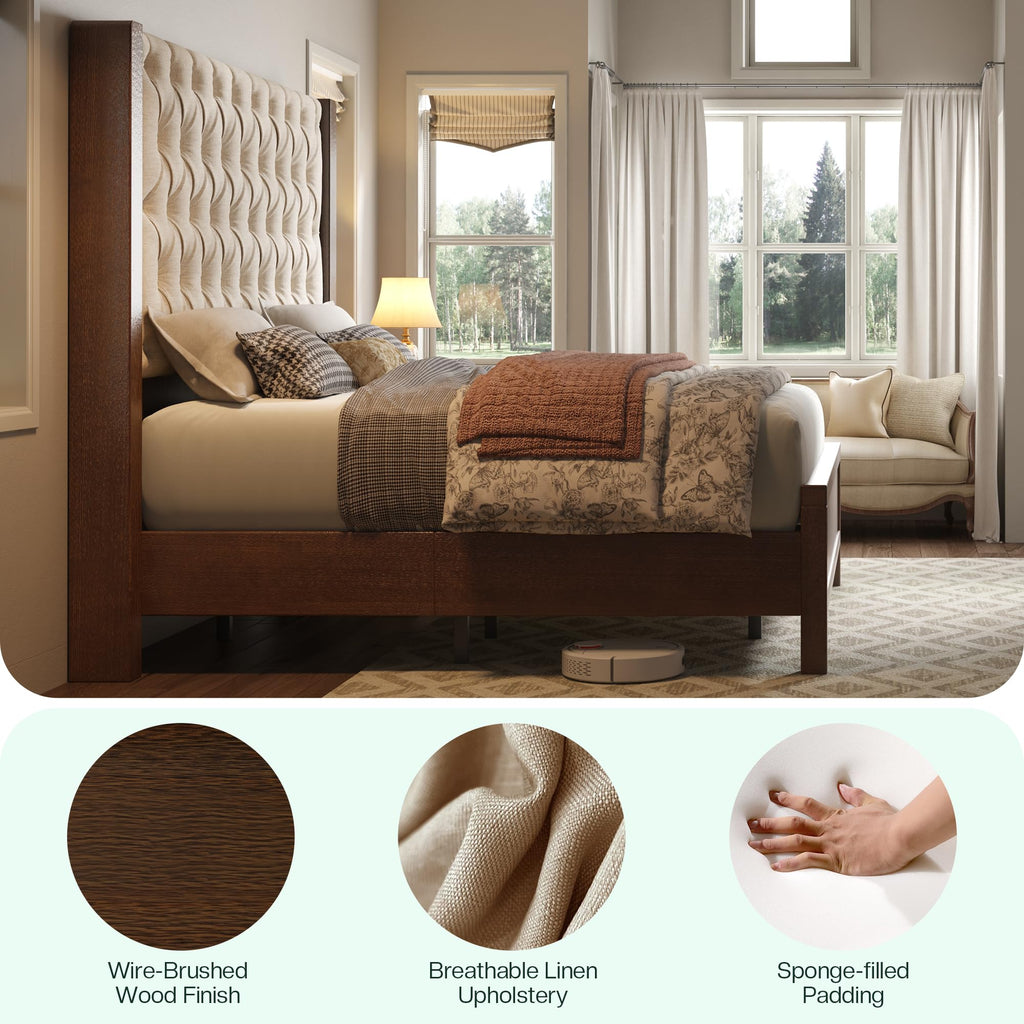 Queen Size Solid Wood Bed Frame with Wingback Headboard R880496