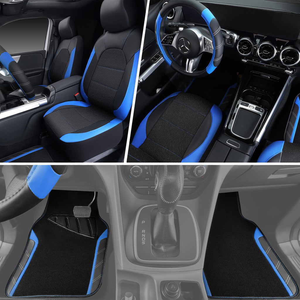 Air Mesh Leather Car Seat Covers Full Set, Waterproof Car Floor Mats, Steering Wheel Cover D1947