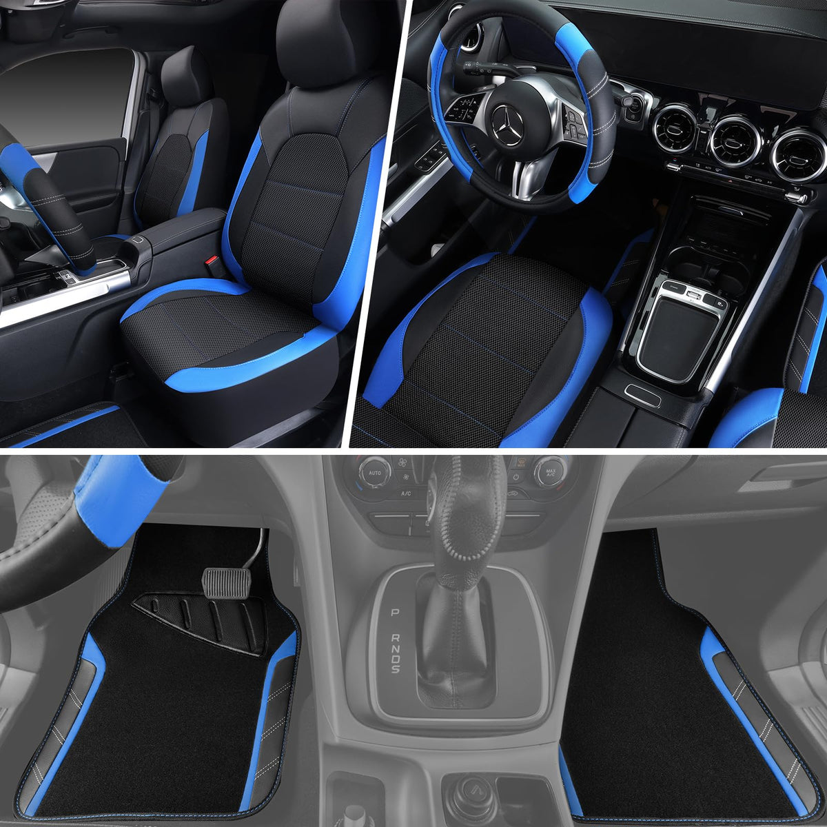 Air Mesh Leather Car Seat Covers Full Set, Waterproof Car Floor Mats, Steering Wheel Cover D1947