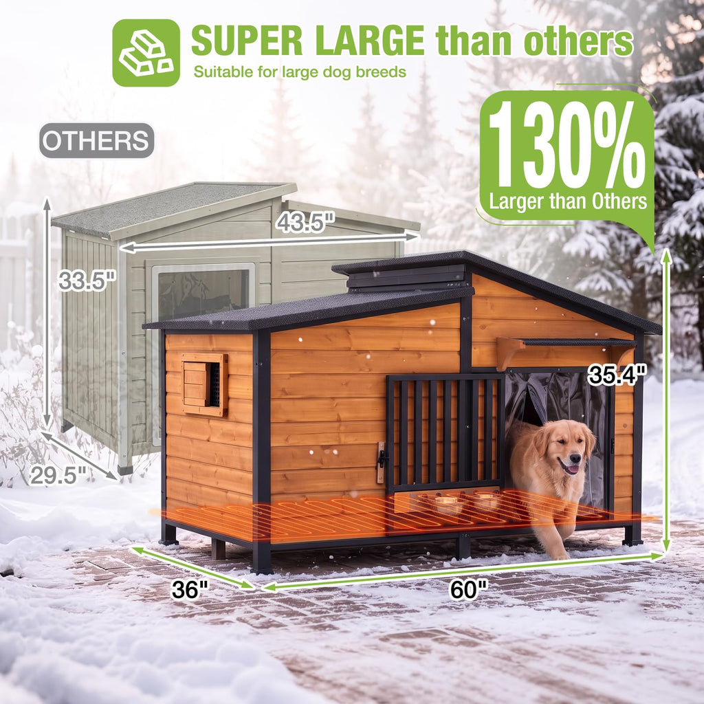 60" Heated Dog House with Heated Pad and Rotating Food Bowl O91619