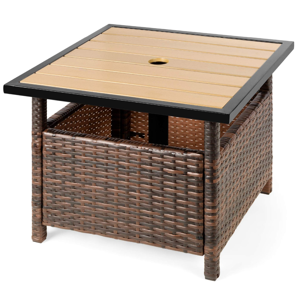 Brown Wicker Square Side Table with Umbrella Hole L876013