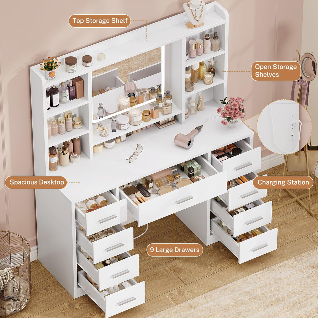 White Vanity Desk with Mirror and 9 Drawers F8801