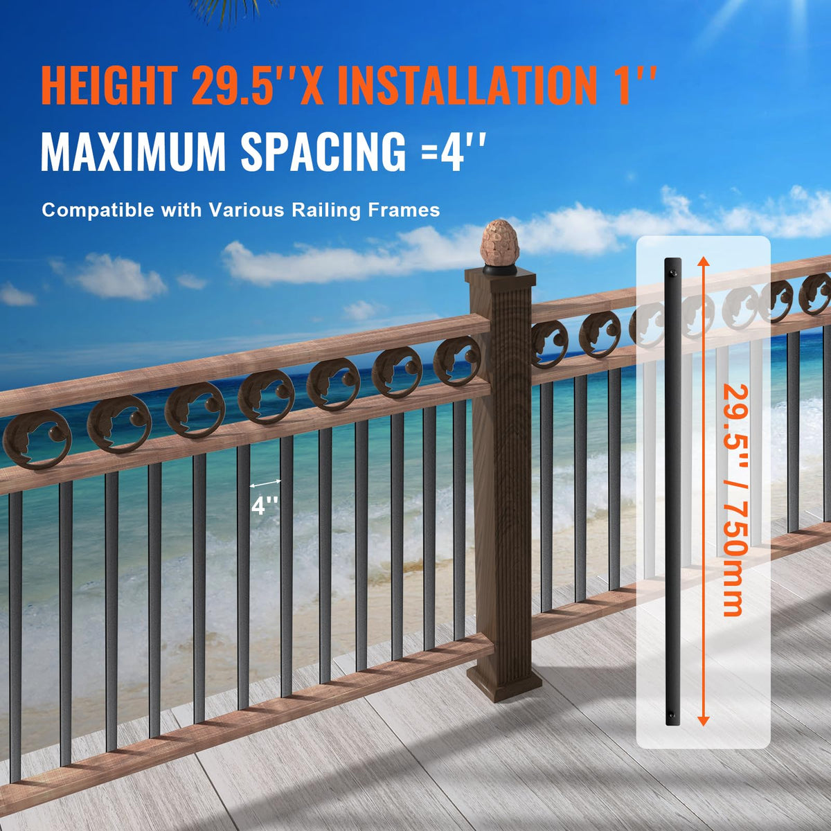 29.5"x1" Flat Aluminum Alloy 51 Pack Satin Black Metal Balusters K654