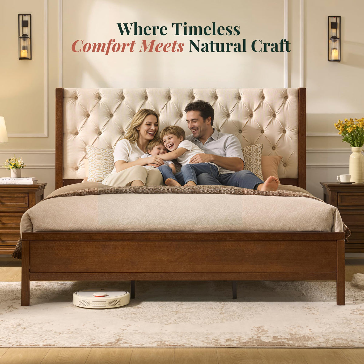 Queen Size Solid Wood Bed Frame with Wingback Headboard R880496