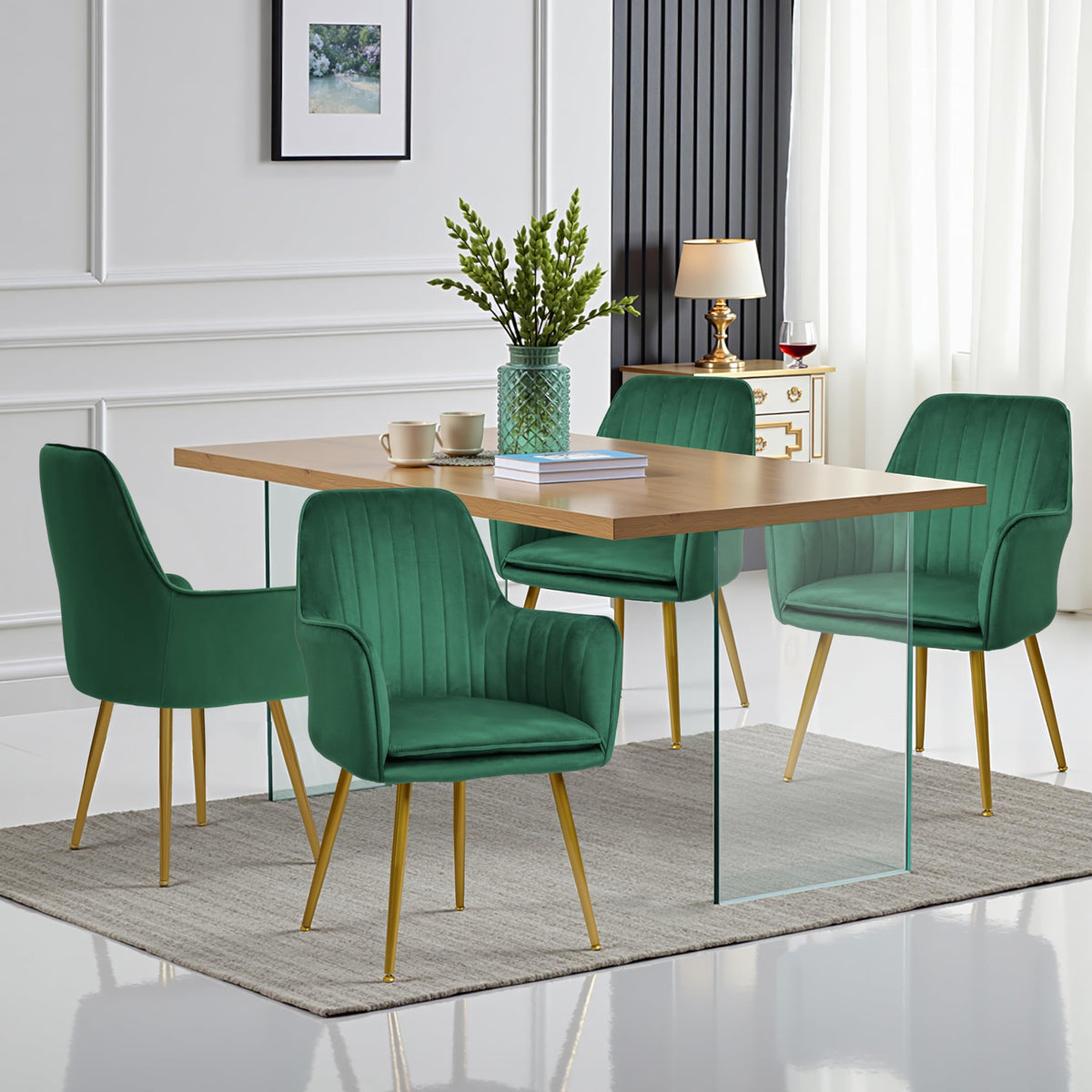 Set of 2 Green Velvet Upholstered Dining Chairs with Metal Legs Q71975