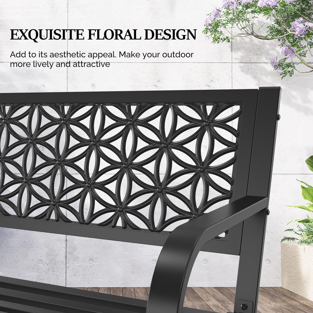 50" Black Metal Outdoor Bench with Floral Back E751862