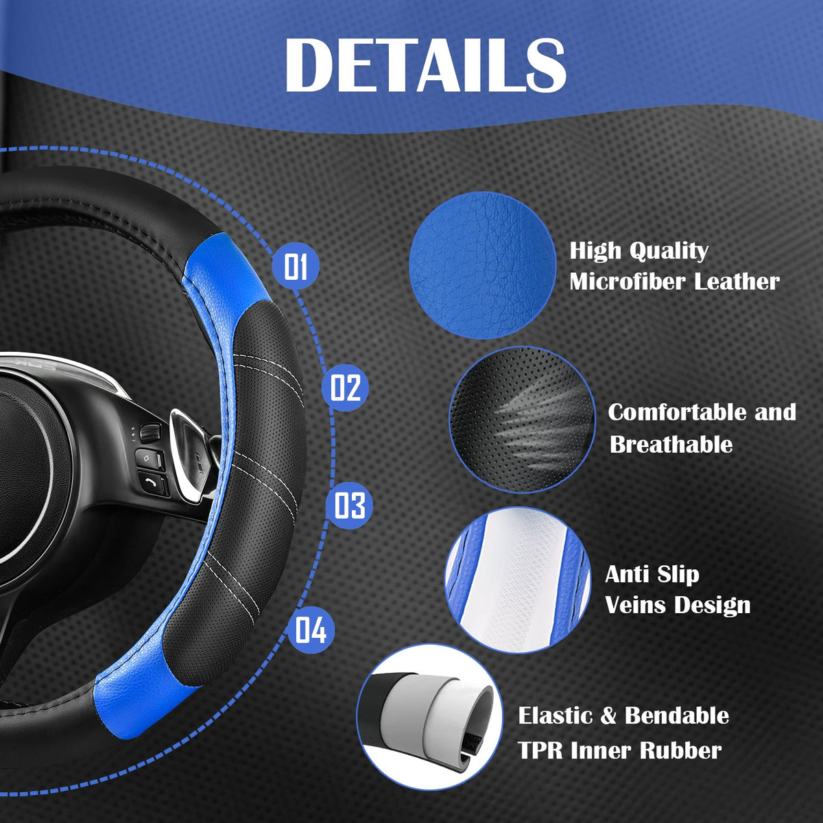 Air Mesh Leather Car Seat Covers Full Set, Waterproof Car Floor Mats, Steering Wheel Cover D1947