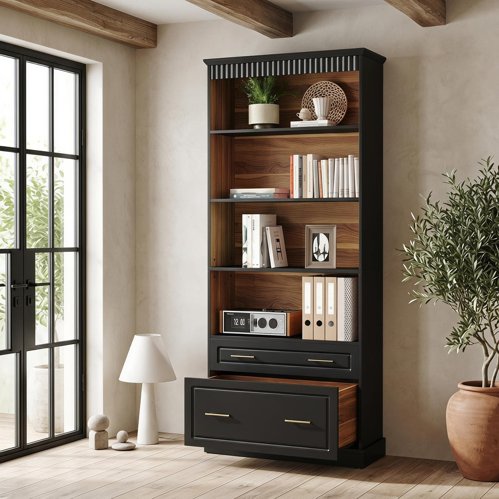 72" Tall Black 5-Tier Bookcase with 2 Drawers T655