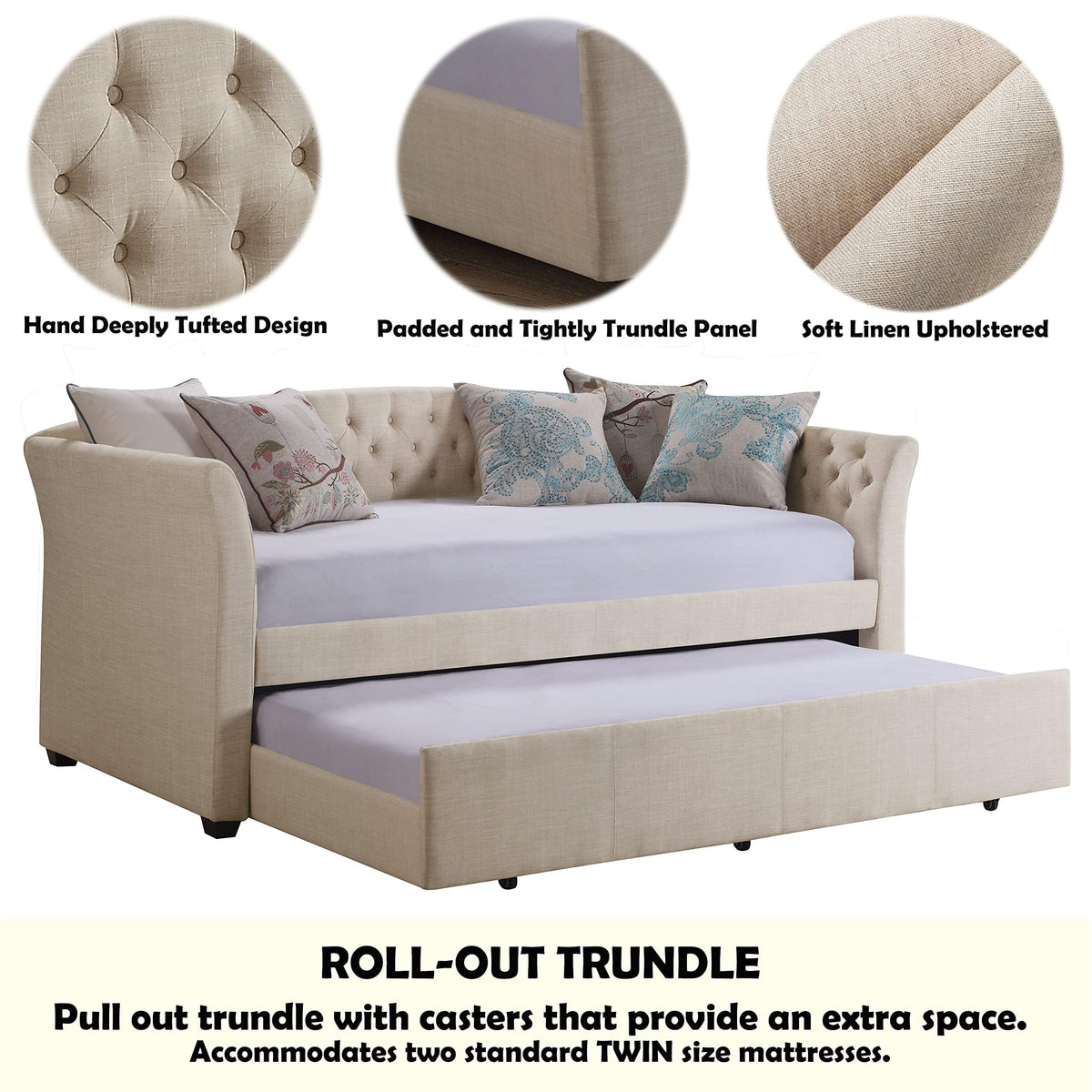 Beige Velvet Tufted Upholstered Twin Daybed with Trundle S54465