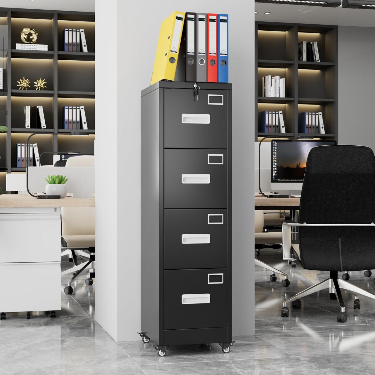 Metal 4 Drawer File Cabinet with Lock and Wheels, Black Z918