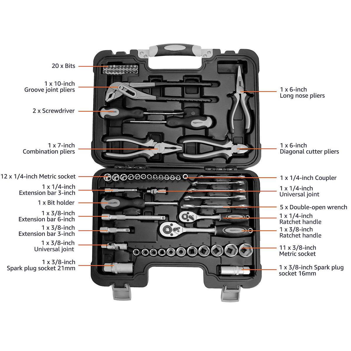 65-Piece Household Hand Tool Kit Set with Storage Case A2173