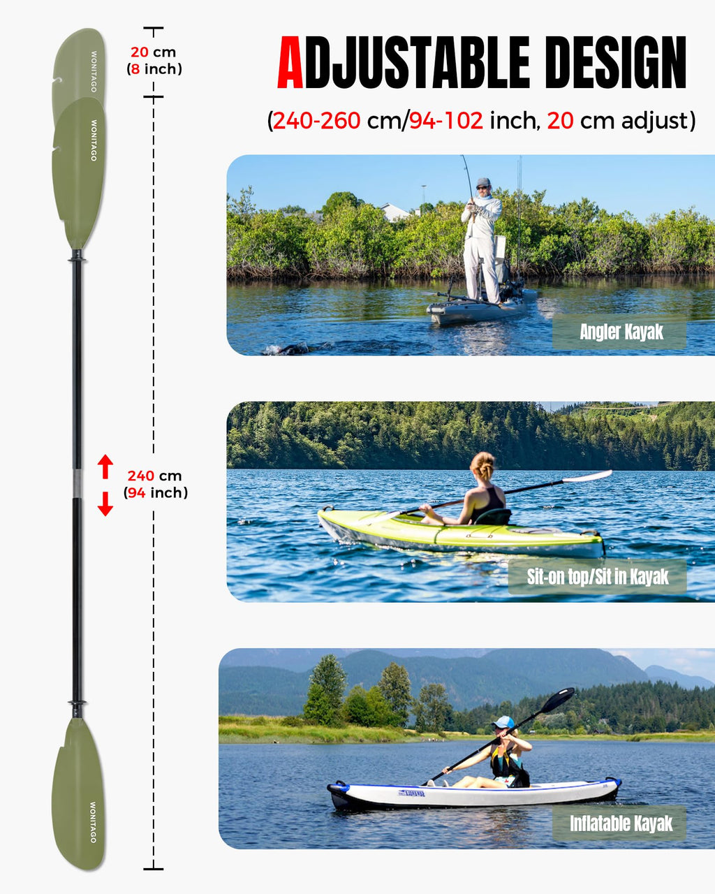 Adjustable Fiberglass Kayak Paddle N84389
