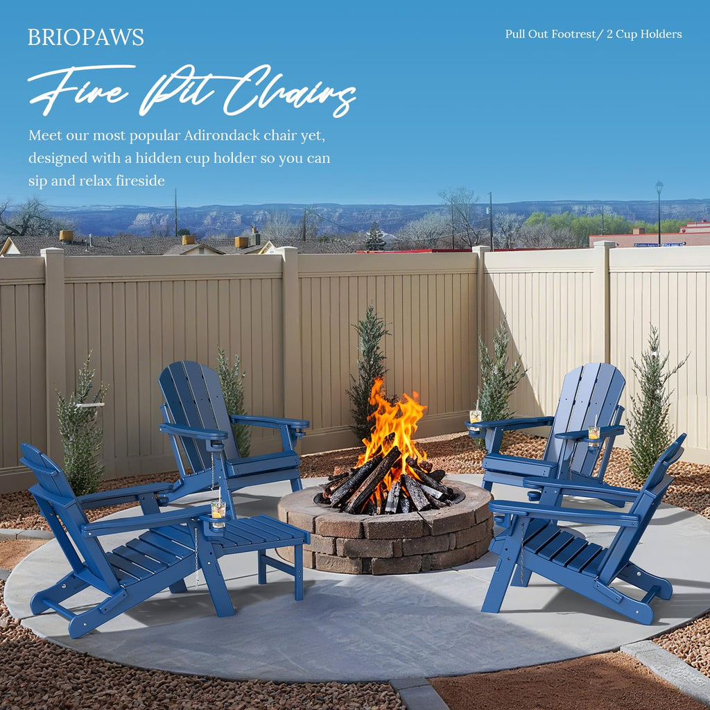Set of 2 Blue Folding HDPE Plastic Adirondack Chairs with Pull-Out Footrest O192
