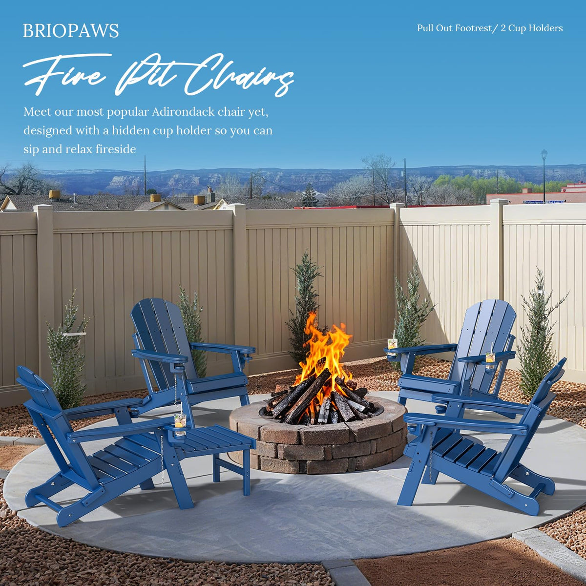 Set of 2 Blue Folding HDPE Plastic Adirondack Chairs with Pull-Out Footrest O192