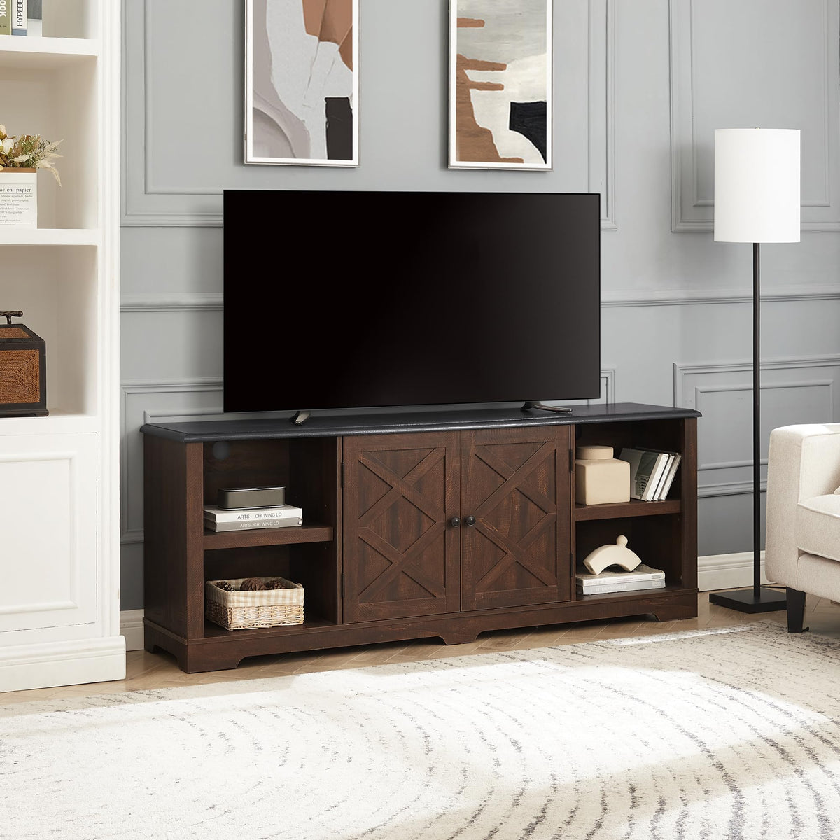 Espresso and Black TV Media Stand with Open Shelves and Closed Cabinets G32168