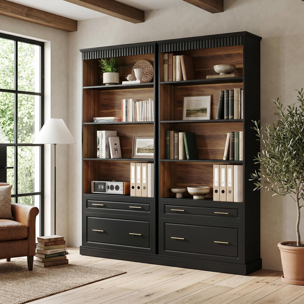 72" Tall Black 5-Tier Bookcase with 2 Drawers T655
