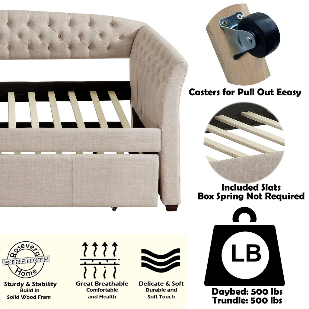 Beige Velvet Tufted Upholstered Twin Daybed with Trundle S54465