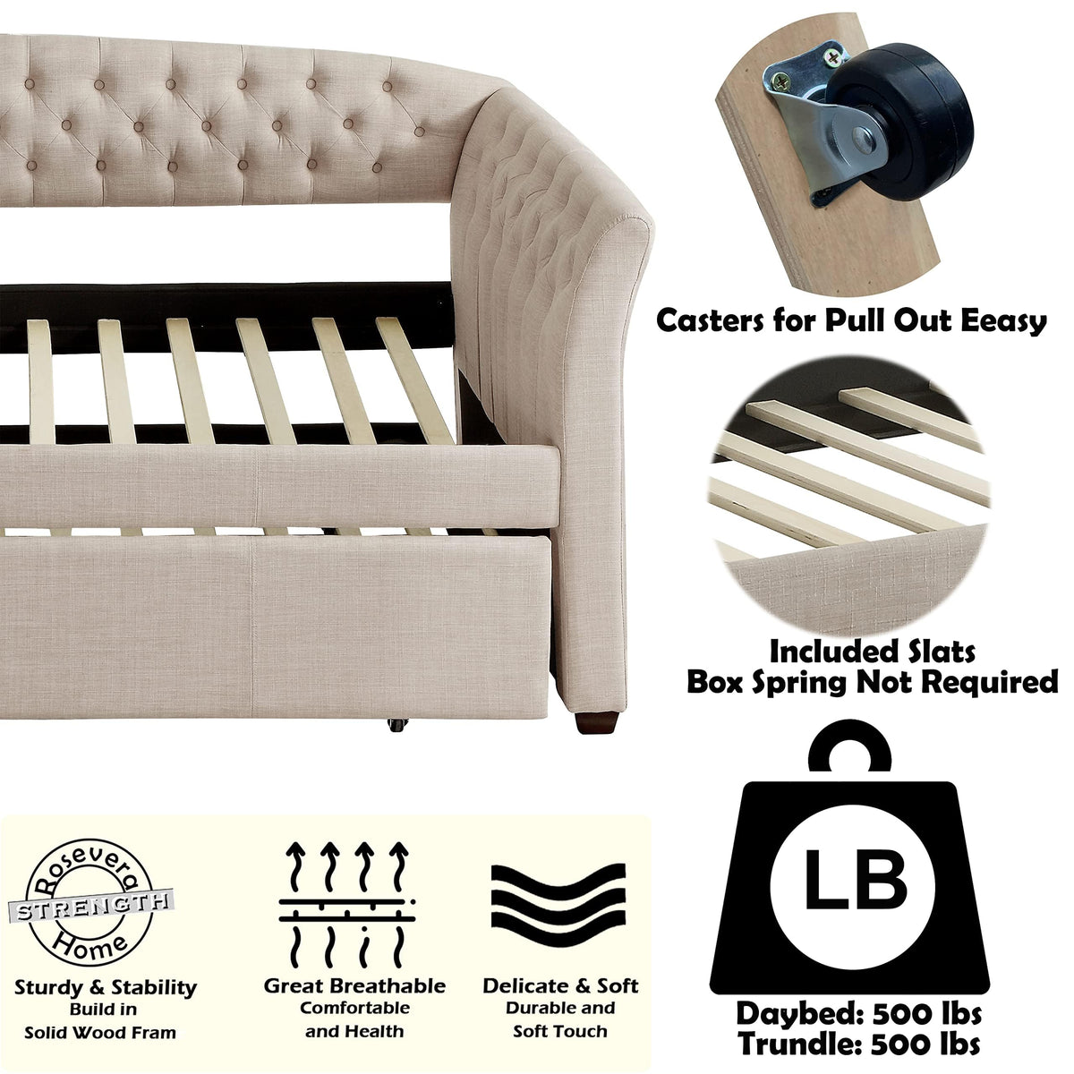Beige Velvet Tufted Upholstered Twin Daybed with Trundle S54465