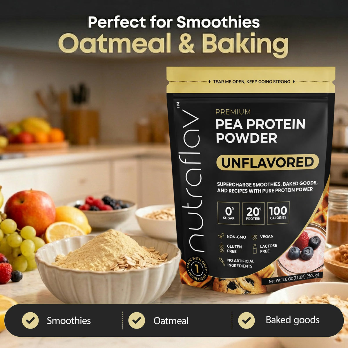 Unflavored Vegan Pea Protein Powder, 20 Servings X3883