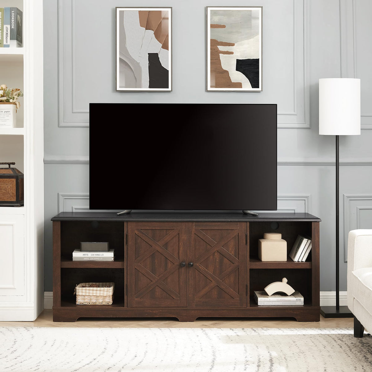 Espresso and Black TV Media Stand with Open Shelves and Closed Cabinets G32168